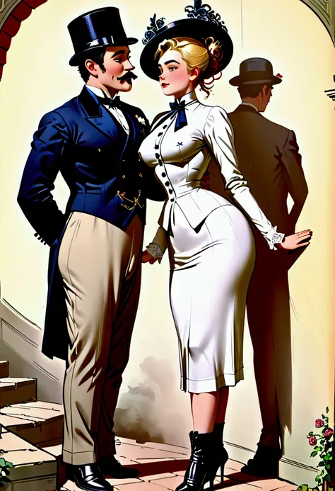 Year 1901. (((1man, 1girl:1.5))). A gorgeous thotty 15yo blonde Gibson Girl ((having sex:1.5)) with an aged horny 69yo white-haired gentleman. 1900_dress. (((NSFW.))) Man cornering girl on a wall. Man one head taller than girl. Girl wearing high-collar lon...