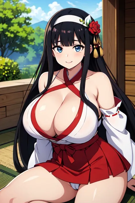 good quality, best quality, highres, absurdres, 8k, 4K, masterpiece, Girl in Japanese shrine maiden outfit, (Hime cut), (super long black hair),(((straight bangs, blunt bangs))),(White headband), Blue eyes, super long black hair, hair ornament, ribbon, smi...