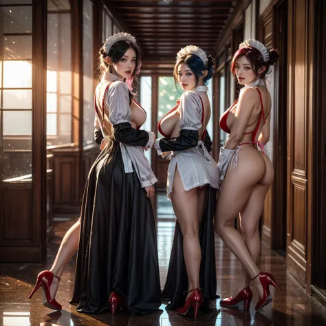 (Full Body of Extremely Detailed((Sexy Maid Group in a row:1.37))), KAWAII perfect face with Reflective Eyes, Detailed(Delicate Clothing textures), Correct Graceful Legs, Dynamic Joyful Expressions LifeLike Rendering, Specular Reflection, TopQuality 8K Ult...