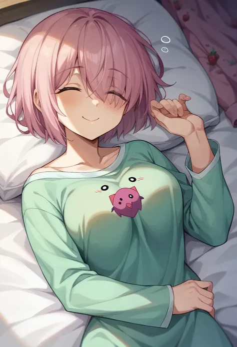 Pink haired woman.、Japanese、Berry Short、mash、Bobcut、cute、G Cup、Emphasis on breasts、Waking up、Pajamas、Too cute、My clothes are disheveled、smile、good morning