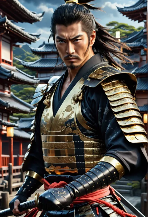 a highly detailed male samurai warrior, katana, black gloves, outdoors, striking a dramatic pose, (masterpiece:1.2), (best quali...