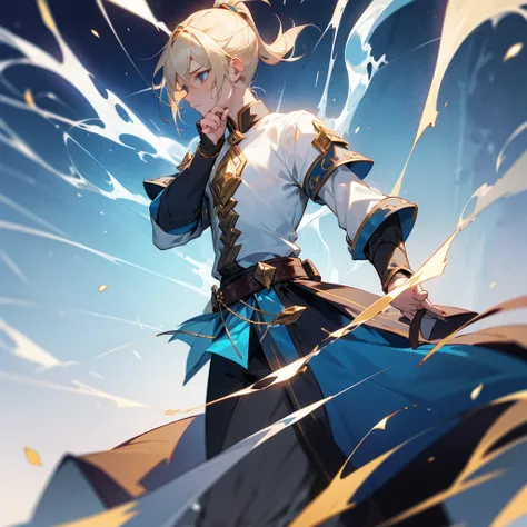 Young boy with blond hair with silver highlights and tied in a ponytail wearing a magical warrior costume