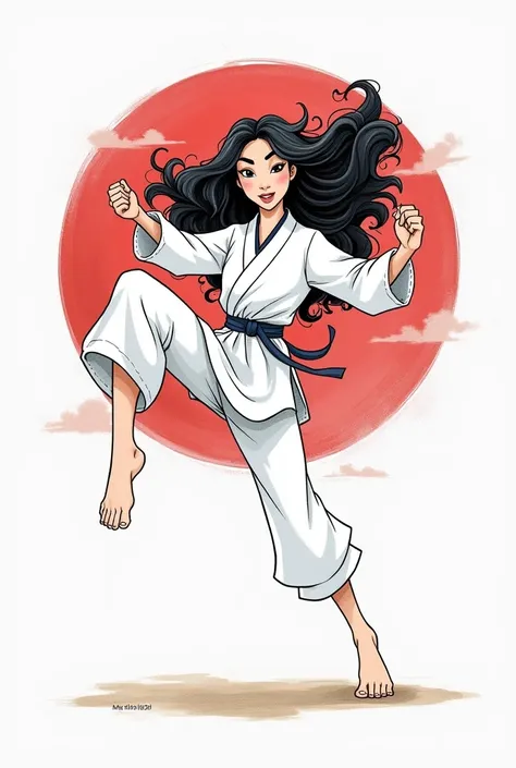 drawing of disney mulan with curly hair, in a white karate fighter outfit giving a kick in the form of a pencil cartoon with the contours marked to make a tracing

