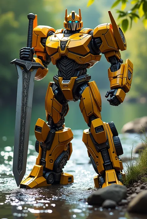 Optimus prime standing on the bank of a river in yellow suit
Holding a big Soward 
