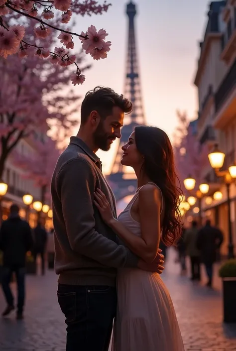 A man with a woman standing close to each other with a romantic background in Paris 