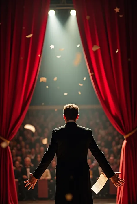 A stage lit with spotlights, with large red curtains open and in the background people sitting watching, The main image is a man in an expressive pose, as if he were going to enter the scene, in theater clothes, your face has a determined look, There are s...