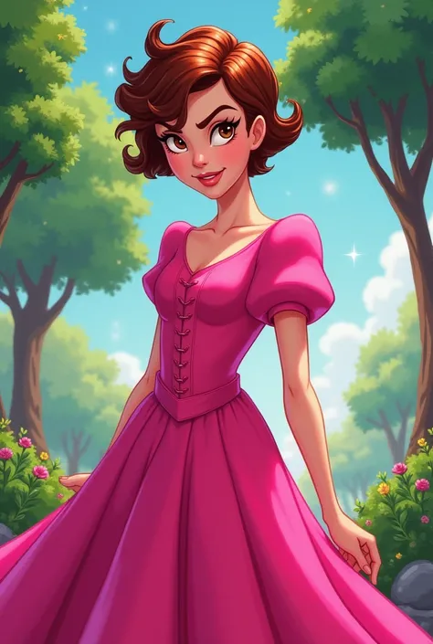 Can you draw a picture of a young girl?, Woman, white, pink skin tone, 20 year, eyes browns, chestnut hair, curly, pixie cut, dark tone, wearing a hot pink 80s style dress, With an angry expression, in Disney princess 2d drawing style