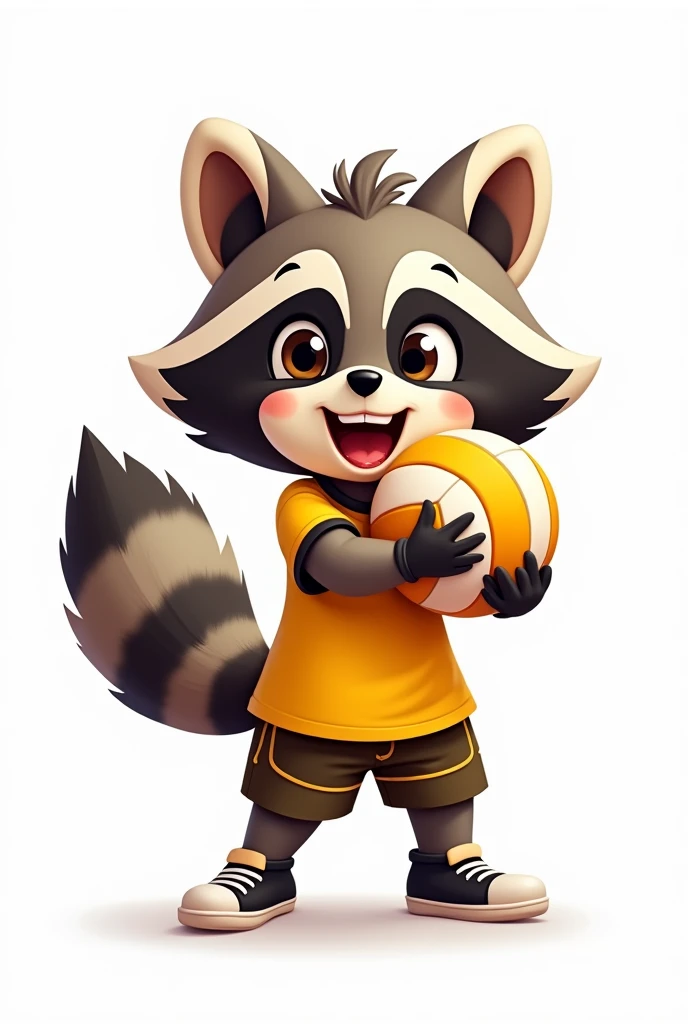 Create a cartoon style female raccoon where she is holding a volleyball, His uniform is yellow with black details, without sports brands. White background 