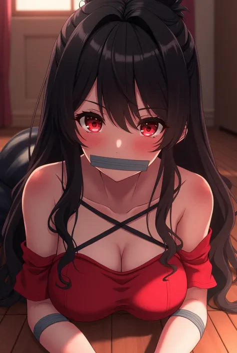 Anime girl with long black hair tied in a bun at the back, bright red cheeks, straight gray tape around her mouth, wearing red, off-the-shoulder red clothes, wearing black pantyhose, sitting on the floor, her panties visible, her arms stuck together from b...