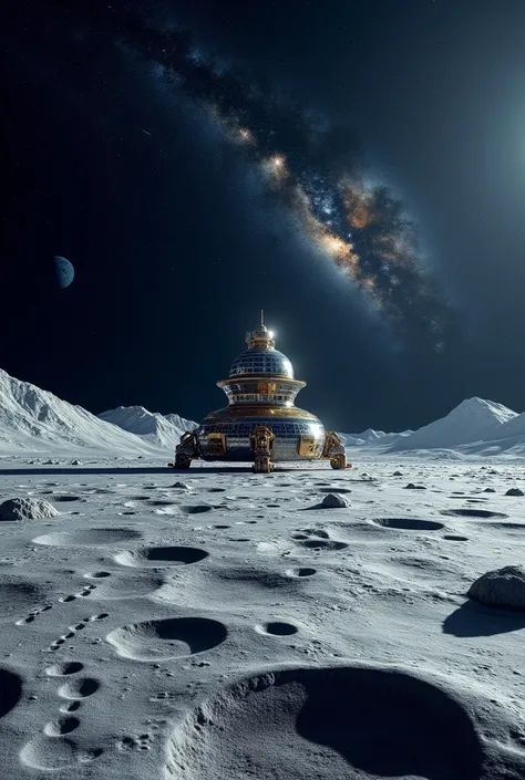 create an image about space, specifically on the moon landed with large spacecraft 