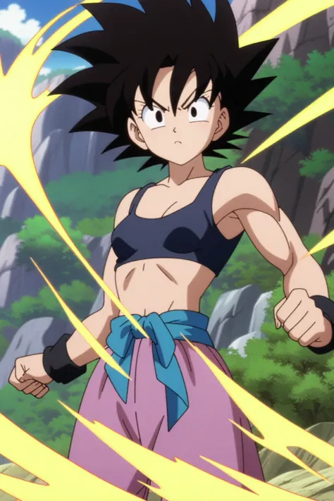 1990s anime screencap, Dragon Ball Z art style, young Sayian woman, small breasts, toned build, black eyes, short spiky hair, determined expression, purple and black gi, charging up energy pose, powering up yellow aura, outdoors background 