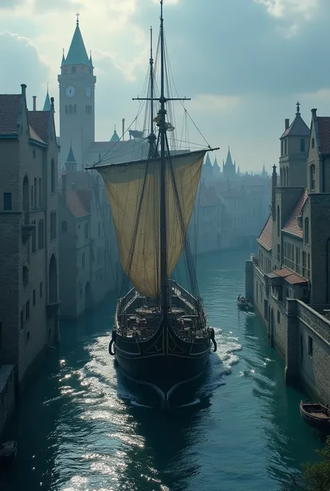 An ancient ship passing through the middle of an ancient medieval city on the water. The colors are dark blue gray and black