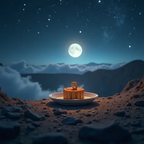 earth，SkyFall meteorites，crater，A plate oF mooncakes on a round paper tube, Letter shaped moon, Starry night, Thick Fog on earth, Blue light on the horizon, Unreal Engine 5, cinematic light, low angle photo, motion blur, Depth oF Field,, Ultra-detailed, Be...