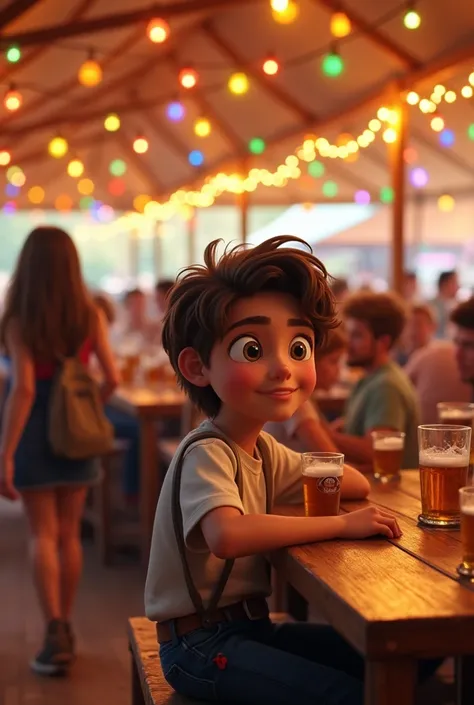 A beer tent with lots of people. A girl with shoulder-length, dark brown hair walks past a boy and turns to him. The boy sits and turns his head towards her. He has grey eyes and brown hair, a few curls in the front. 3D image