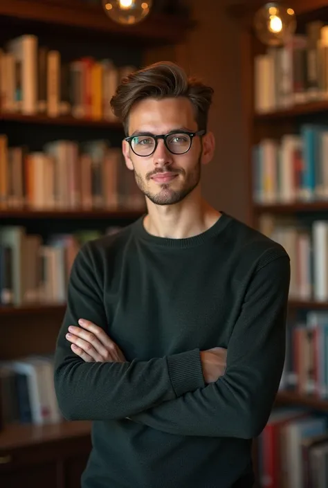 Handsome nerd man. short brown hair, Slightly athletic body. Eyeglasses 
