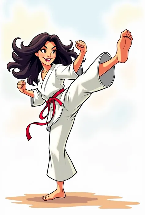 drawing of disney mulan with curly hair, in a white karate fighter outfit giving a kick in the form of a pencil cartoon with the contours marked to make a tracing

