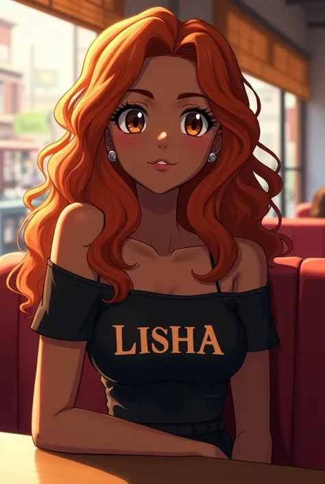 (photorealism:1.2), beautiful 16 year old girl, chocolate skin colour,sitting in a restaurant, wearing black loose off-shoulder top written LISHA on it , black not so short skirt, long curly dark orange hair planted, window with sunlight, relaxed pose, rea...