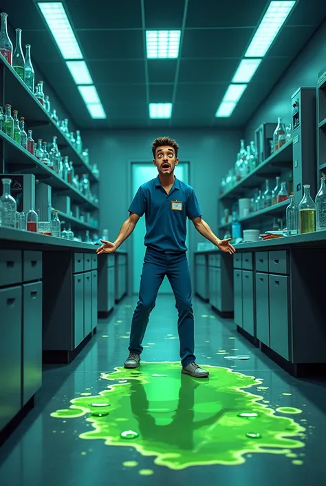 I want an animated image of a male cleaning staff in a blue uniform scared by that same spill trying to find the exit from that laboratory 