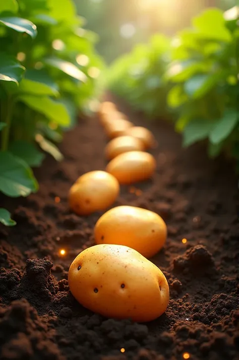  I need an image of a row of potatoes, each pointing to the one below it. , where everyone gives off a bright aura