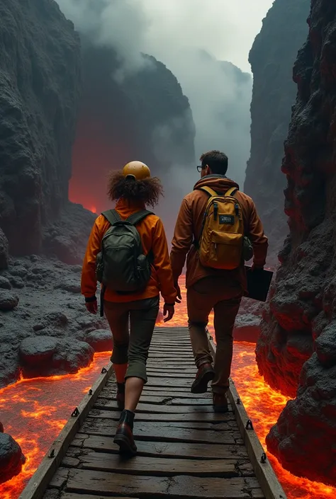 A long, useless wooden bridge that connects to a cave and a mountain. And below the bridge a river of lava. And two scientists crossing the bridge, a woman and a man. 