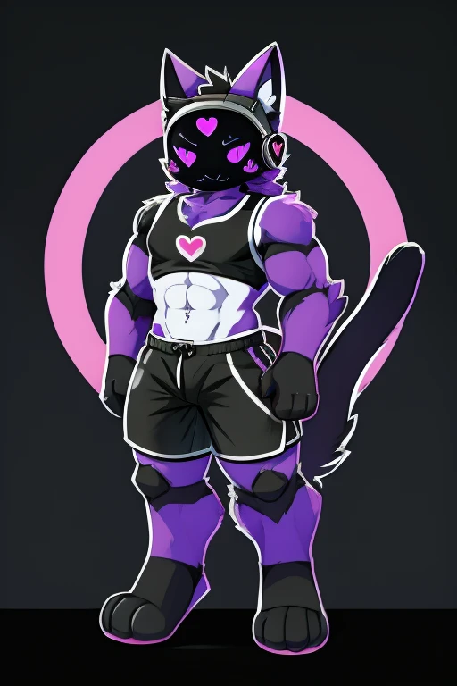 Big black cat , black robot helmet with a purple kawaii cat face, muscular, furry, black sleeveless shirt, Morados shorts, with heart stickers on the body 