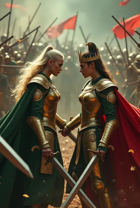 masterpiece,8K,Extremely detailed,best quality,battlefield,(background:Soldiers are fighting,Red Warrior,Green Warrior,jump,hacker,reduce),(Middle ground:The queens are fighting,Blonde Queen,Amber Heard,Brunette Queen,Park Bo Young,Fighting Stance),Dim lig...