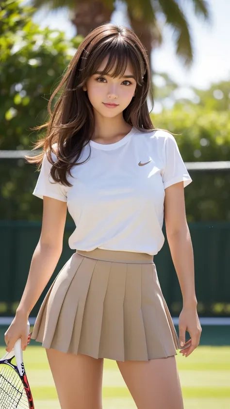 masterpiece, Highest quality, Very detailed, High resolution, (Realistic, photoRealistic:1.37), Excellent anatomy, One beautiful woman,18-year-old,tennis Club,(Knee-deep shots:1.3),(Focus on skirt and thighs:1.5),A small smile,Play Tennis,Tennis Wear, (sha...