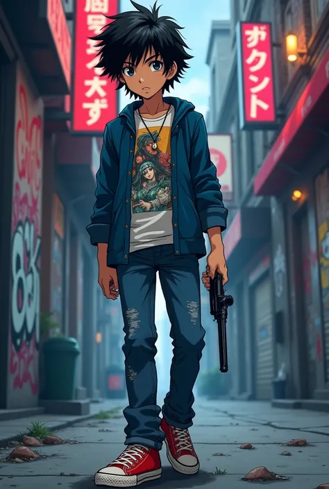 a black haired boy wearing a long sleeved shirt under a t-shirt, jeans, all-star sneakers and carrying a revolver, anime style 