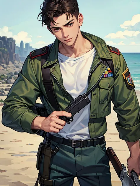 Military boy hold a gun and knife