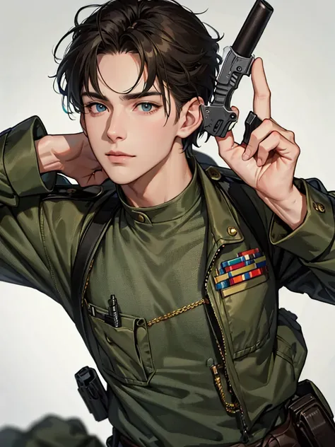 Military boy hold a gun and knife