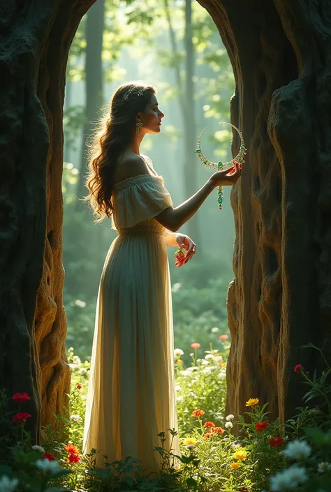 A woman in a doorway with a necklace in her hand subrealistic in a forest 