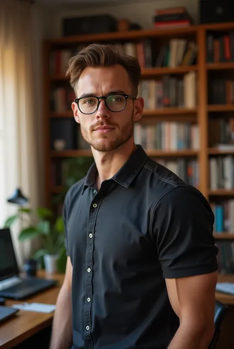 Handsome nerd man. Shaved brown hair on 1, Slightly athletic body. Eyeglasses 
