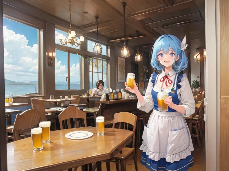 Highest quality, Very detailed, Beer , smile, cup, Lightブルーのロングヘア, Holding cup, Mug, alcohol, food, Holding,, ribbon, Beer  Mug, , apron, waitress, neck ribbon, shirt, Laughter, Happy, 明るいsmile, 
New Munich, scenery, table, Outdoor, blue sky、Chair, window,...