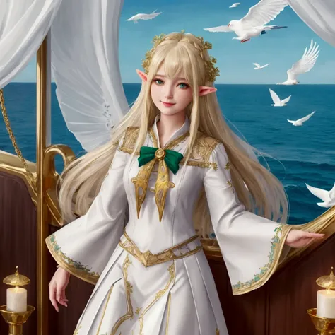 (((master part, Very high quality, high quality, high detail)))), ((((fancy))), one, (Elven Woman)))), (Short white skirt with gold embroidery), (blonde long straight hair), (shining dark green eyes), (White frill blouse with gold embroidery), big, (((On t...