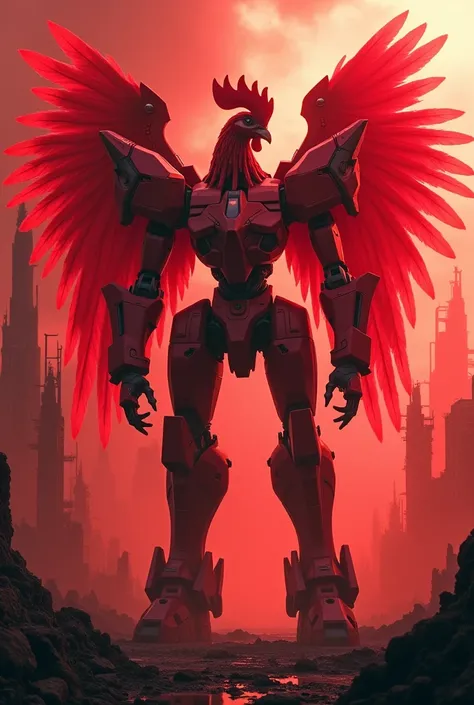 Red Theme, Phoenix Mech, Chicken head rooster, Mecha Wings, Cyberpunk, best quality, masterpiece, unmanned, whole body, Mechanical wonder, Strong, moon, the ruined city, Highest quality digital art, Amazing Art, Wallpaper 4k, Very detailed, military, , War...