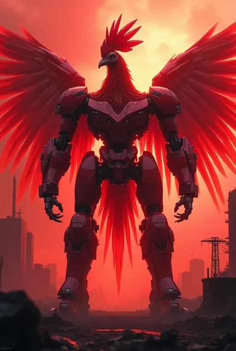 Red Theme, Phoenix Mech, Chicken head rooster, Mecha Wings, Cyberpunk, best quality, masterpiece, unmanned, whole body, Mechanical wonder, Strong, moon, the ruined city, Highest quality digital art, Amazing Art, Wallpaper 4k, Very detailed, military, , War...