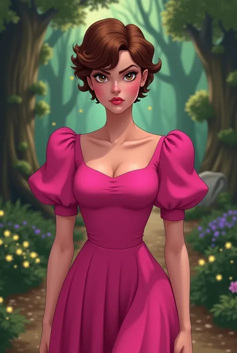 One young woman, Woman, white, pink skin tone, 20 year, eyes browns, chestnut hair, curly, corte pixie cut, dark tone, wearing a hot pink 80s style dress, Angry, in the style of Classic 2d Disney princess drawing 