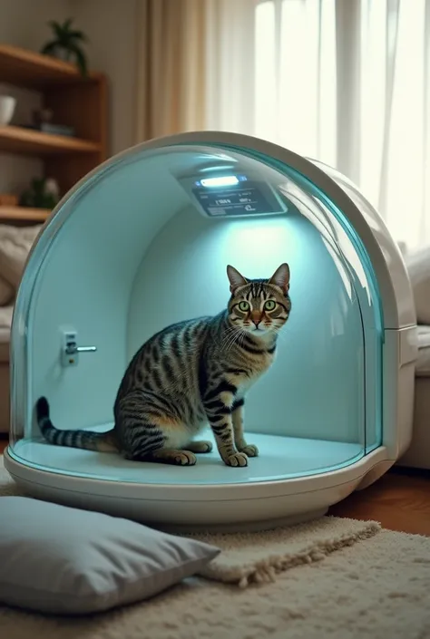 There is a cat inside a plastic and glass chamber of proportional and spacious size where it receives a complete scan of its vital signs and medical status and states that are determined by a veterinarian but making use of the camera, temperature states, B...