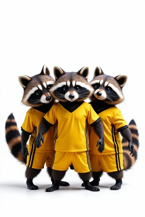 Create a soccer team that are raccoons, Yellow uniform color with black details, White background