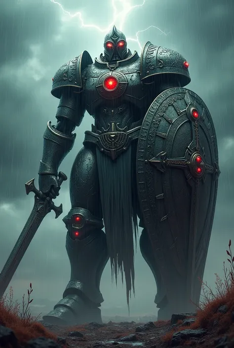 a large and robust humanoid armor, with 1 long sword and 1 shield, with a red eyes