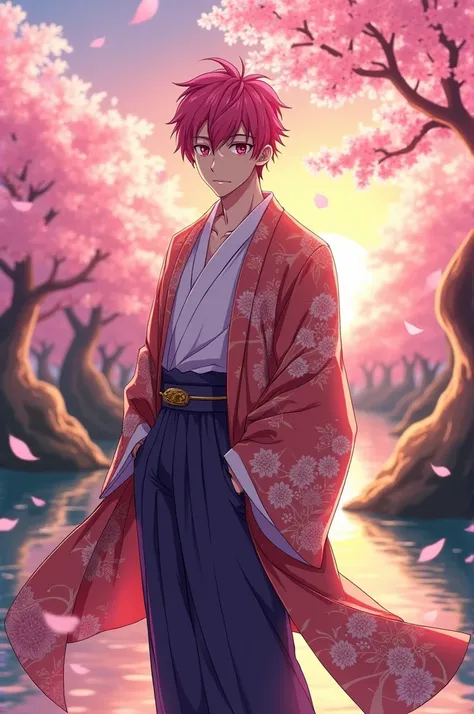 Man, pink hair, squinting eyes, kimono, anime