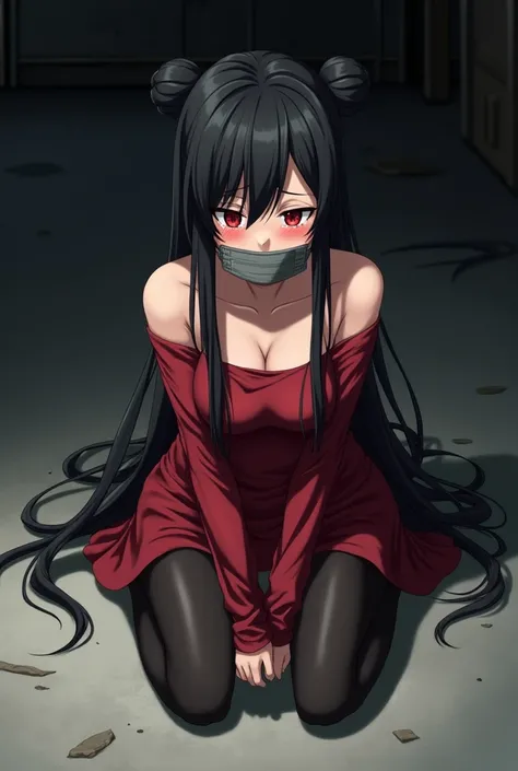 A sad kidnapped anime girl crying with her long black hair tied in a bun at the back, her cheeks bright red, her mouth tied with a straight gray tape around it, wearing a red off-shoulder red outfit, wearing black pantyhose, sitting on the floor and her pa...