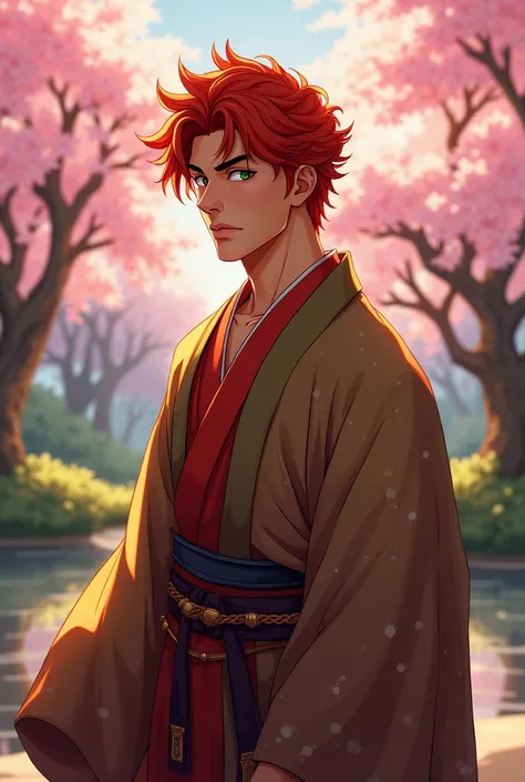 2d man, tan skin, red hair, green eyes, masculine, japanese clothing
