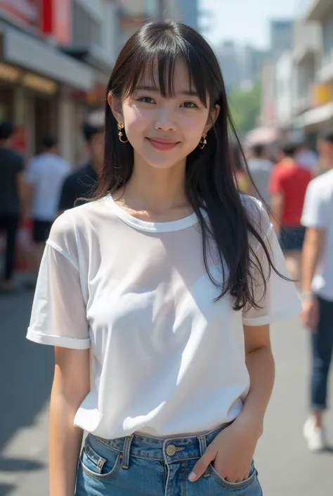 1 Japanese beautiful girl, ((Transparent white T-shirt:1.2, denim pants)), White T-shirt that is wet and see-through, Nipples is sheer, (wet body:1.7),18yo girl, Super beautiful detailed face, (smile:1.4), earrings, (various hair style:1.4, bangs), cowboy ...