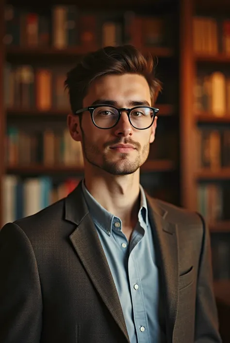 Handsome nerd man. little hair, Slightly athletic body. Eyeglasses 
