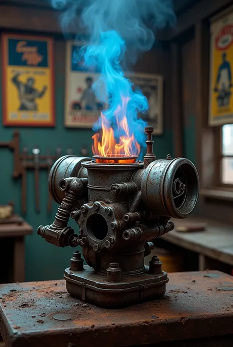 Imagine an old carburetor from a classic car, with a blue and orange flame coming out of the vents. The metal frame may be darkened and dented due to intense heat.