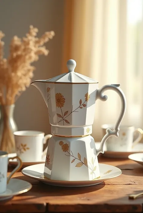 Create a white coffee pot with gold flowers in its design, all very realistic.