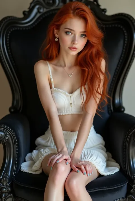 a beautiful young girl, 4k, ultra detailed, expressive beautiful face, long eyelashes, wearing a white crop and extra mini skirt white, wearing fantasy white high heels, sitting on a black throne, crossed legs, sexy, flawless makeup, shiny skin, young, oce...