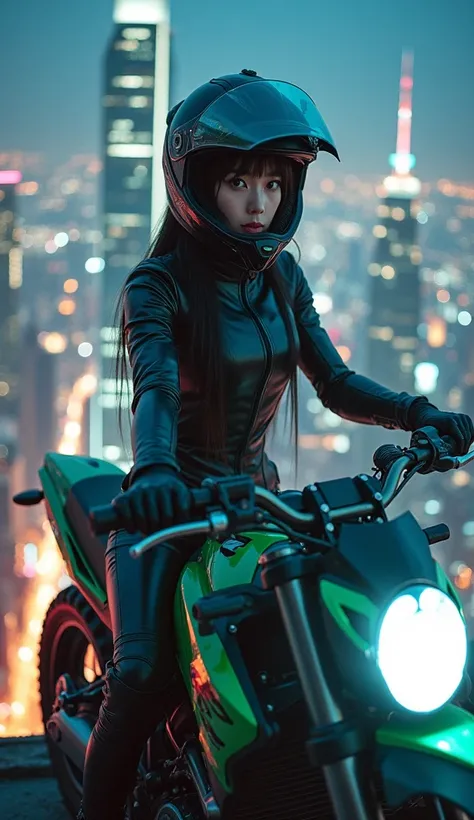 very beautiful Japanese high school girl, about to Ride on a off-road motorcycle, at the heliport of the top of the tallest building at night, amazing view of skyscrapers, dangerous place, dramatic scene, masterpiece, (face focus:1.3), clear helmet visor, ...