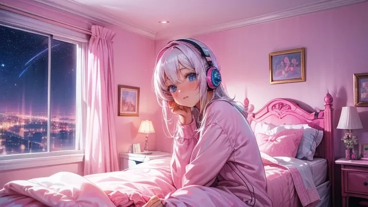 create an image of a girl listening to music in her room. the room is all pink, full of pink girly things and a big window with a view of the big city and a starry sky. she has white hair and blue eyes, very pretty, wears pink teddy bear pajamas super Kwai...